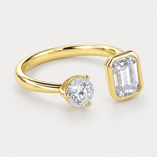 Bague Solitaire duo ouverte en acier inoxydable, finition dorée — vue studio
